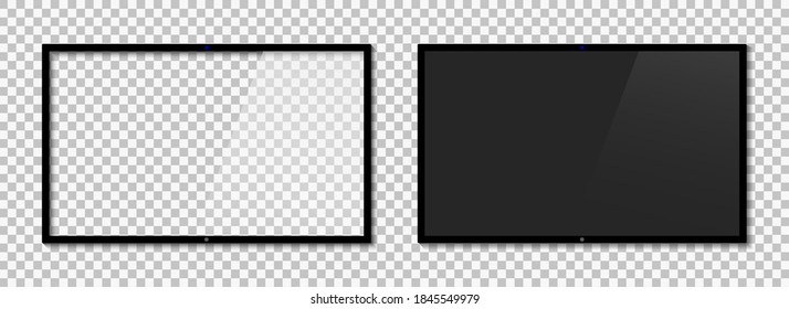 TV screen. Lcd monitor with black frame isolated on transparent background. Led mockup for television on wall. Wide digital display for full hd video. Computer with plasma screen, smart panel. Vector.