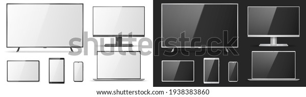 TV screen,\
Lcd monitor, notebook, tablet computer, mobile phone templates.\
Electronic devices monitors. Technology digital devices empty\
display isolated. Vector\
illustration