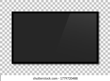 TV screen. Led television monitor on wall. Black lcd wide display isolated on transparent background. Digital plasma device for video, presentation, internet. 3d mockup of modern realistic tv. Vector.