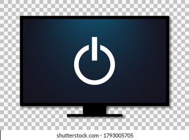 TV Screen With Power Button. Led Monitor For Television. Icon Of Lcd Widescreen. Realistic Computer With Flatscreen Plasma. Modern Device For News, 4k Video Isolated On Transparent Background. Vector.