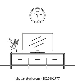 TV screen and TV stand in the line style design. Living room interior outline sketch. Vector illustration.