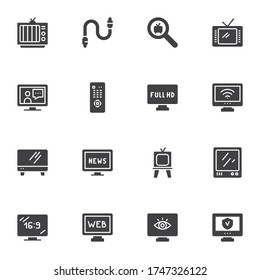 TV screen vector icons set, modern solid symbol collection, filled style pictogram pack. Signs, logo illustration. Set includes icons as retro television antenna, modern display, full hd resolution