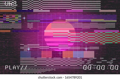 TV Screen With VHS Flicker Effect And Glowing Neon Sun Disc. Retrofuturistic Nostalgic Illustration, Vaporwave Style Aesthetics Of 80's-90's.