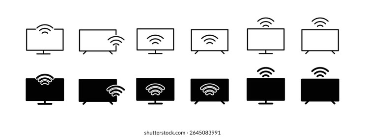 TV screen with wifi sign icons in flat and outline vector styles. Smart home device symbols for connected electronics