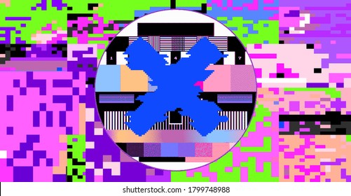 TV screen without signal with pixeled RGB bars and VHS noise effect.