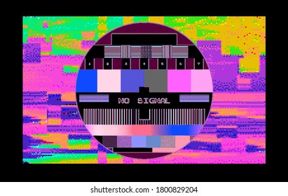TV screen without signal with pixeled bars and VHS noise effect. Cyberpunk and vaporwave aesthetics.