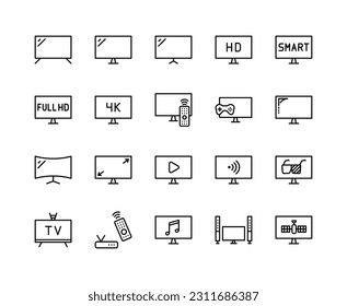 TV screens flat line icon. Different types of tv displays. Outline sign for mobile concept and web design, store