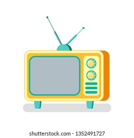 TV set with buttons vector, device for broadcasting and advertising of products. Mass media isolated icon, wide monitor and antenna on television box