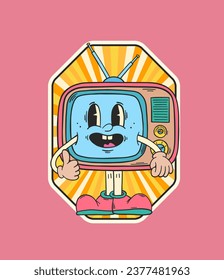 Carácter de conjunto de TV. Caricatura retro. Etiqueta de TV. Insignia de parche hippie. Arte de animación vintage. Doodle Groovy. Caricatura vintage. Nostalgia de los años 60 y 70.