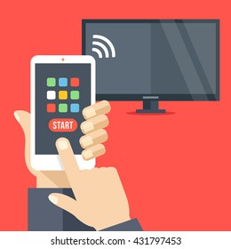 Tv set controlled via smartphone with wifi. Smartphone remote control app. Hand holds cellphone with buttons, finger touch screen. Modern concepts for web banner, web sites. Flat vector illustration