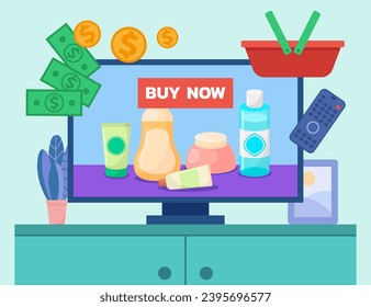 TV set with cosmetic products and offer to Buy now. Vector illustration. Shopping cart and money. TV advertising, purchase option, shopping, sales concept