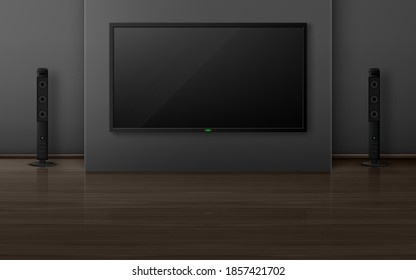 Tv set with dynamics in living room interior, home theater system with television on wall, empty house apartment with wooden floor. apartment design visualization, Realistic 3d vector illustration