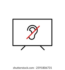 Tv set and ear crossed symbol. Audio muted, noise cancelling or quiet mode. Accessibility for hearing impaired people via vibration or subtitles. Pixel perfect, editable stroke vector icon