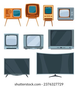 Tv set evolution. Communication system progress, old or retro and modern receivers. History, technology concept, cartoon TV icon. Isolated vector illustration