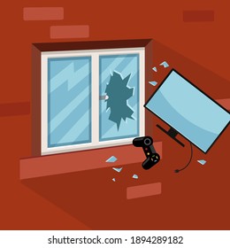 Fernseher und Spielekontroller aus Fenster geworfen, Vektorgrafik