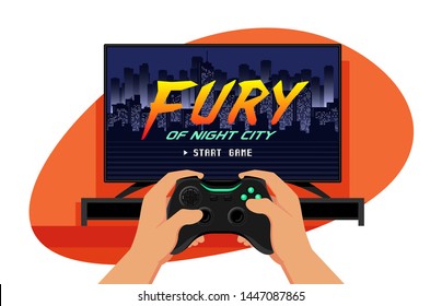 Tv Set with a Game Screen and Hands Holding Black Gamepad. Vector Illustration in Flat Design Style