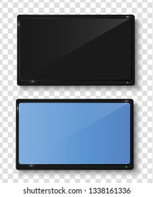 TV set hanging on the wall. Realistic lcd television screen or plasma display, vector illustration. Isolated on transparent background