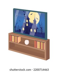 TV set with horror movie semi flat color vector object. Domestic appliance. Editable figure. Full sized item on white. Simple cartoon style illustration for web graphic design and animation
