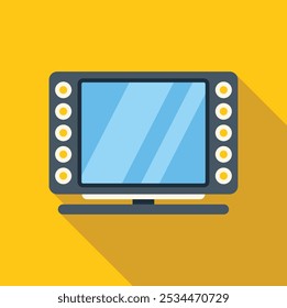 Tv set with lights around screen standing on yellow background is casting a long shadow