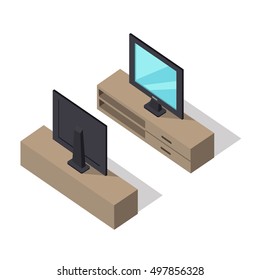 TV set on cabinet on two sides vector in isometric projection. Furniture illustration for stores advertising, icons, infographics, logo, web and games environment design. On white background 