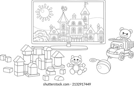 TV set and pretty small cartoon town   funny toys in nursery after merry game and friends  black   white outline vector illustration for coloring book page