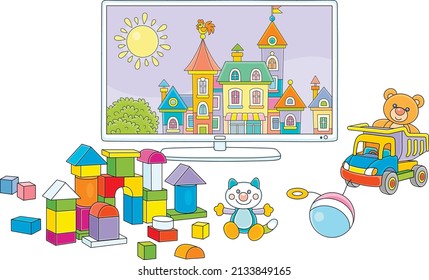 TV set and pretty small cartoon town   funny toys in nursery after merry game and friends  vector illustration isolated white background