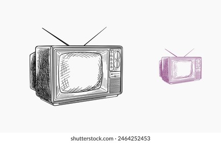 TV set sketch style vector illustration. Old hand drawn engraving imitation.