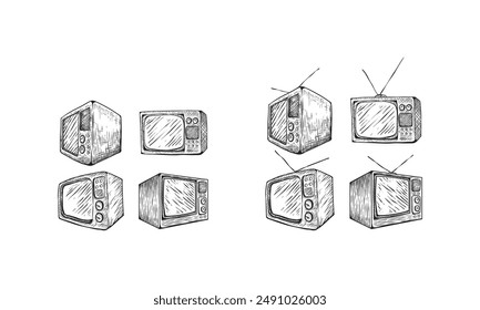 TV set sketch style vector illustration. Old hand drawn engraving imitation.