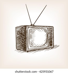 TV set sketch style vector illustration. Old hand drawn engraving imitation.