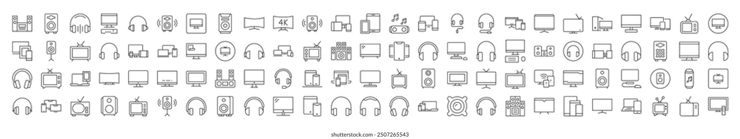 Tv Set, Speaker, Headset, Computer Outline Web Line Icons Collection. Editable Stroke. Minimalistic Linear Pictogram for Design of Cards, Apps, Banners, Posts