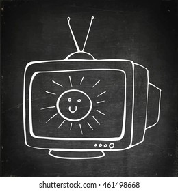 Tv set with sun on screen. Hand drawn vector stock illustration. Chalk board drawing.
