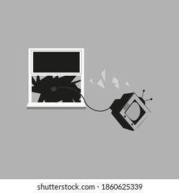 TV set thrown from window vector illustration on a grey background