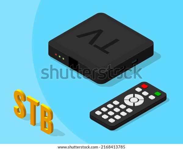 TV set top box with remote control. 3D
isometric illustration. Flat style. Isolated vector for
presentation, infographic, website, apps and other
uses.