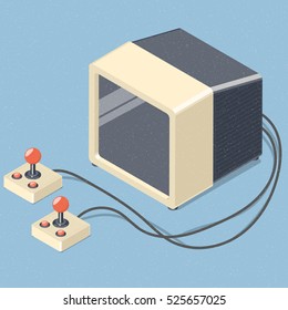 Tv set and two retro joystick gamepad isolated. Isometric vector illustration