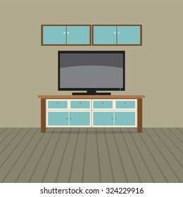 TV Shelf With Wall Cabinet Vector Illustration