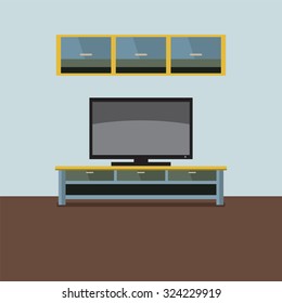 TV Shelf With Wall Cabinet Vector Illustration