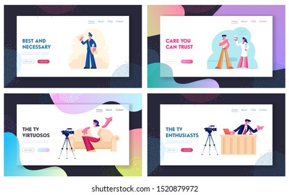 Tv Show Broadcasting, Vaccination Procedure and Mailman Occupation Website Landing Page Set. Male and Female Characters Profession Medicine, Media Job Web Page Banner. Cartoon Flat Vector Illustration