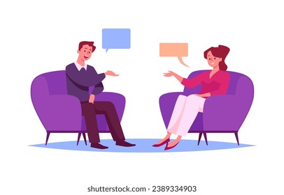 TV show with guest. Male celebrity character giving interview to television presenter in broadcasting studio. Live broadcast conversation, mass media vector cartoon illustration