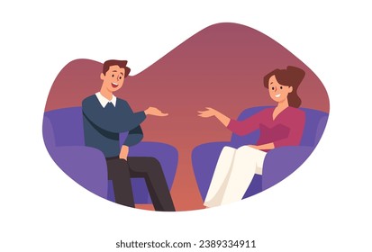 TV show with guest. Male celebrity character giving interview to television presenter in broadcasting studio. Live broadcast conversation, mass media, journalistic channel vector cartoon illustration