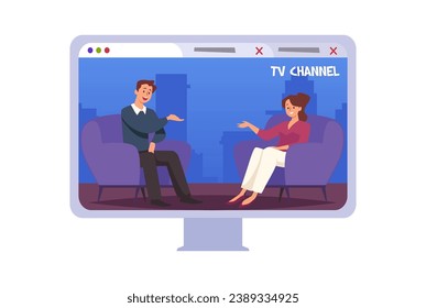 TV show with guest on the screen. Male celebrity character giving interview to television presenter in studio. Live broadcast conversation, mass media, journalistic channel vector cartoon illustration