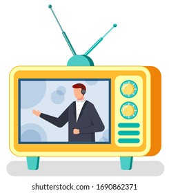 TV show host, journalist or news reader with headset, correspondent on screen vector. Male character in jacket, journalism and media resources. Multimedia entertainment, television broadcasting man