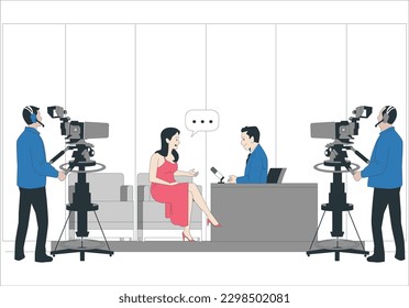TV show Interview flat vector illustration. New tv series. Television professional crew. Media entertainment. Man and woman talking together. 2D cartoon characters for commercial use