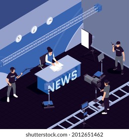 Programa de TV de fondo isométrico con símbolos de noticias de última hora ilustración vectorial