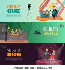 TV Show Kids Set Of Horizontal Banners  Childrens Quiz, Culinary Battle, Musical Performance Isolated Vector Illustration  