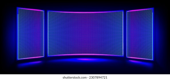 Tv show led screen stage and lcd wall background. Light panel concave monitor digital texture with dot pattern and scene. Curved cinema glittering diode pixel technology vector backdrop illustration - Shutterstock ID 2307894721
