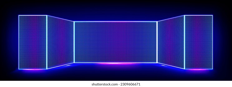 Tv show led screen stage and lcd wall background. Light panel concave monitor digital texture with dot pattern and scene. Curved cinema glittering diode pixel technology vector backdrop illustration