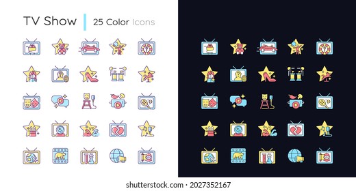 TV show light and dark theme RGB color icons set. Television entertainment. Media fun series. Isolated vector illustrations on white and black space. Simple filled line drawings pack