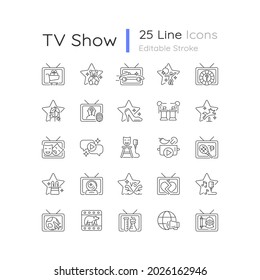 TV show linear icons set. Television entertainment. Media fun series. Reality shows and documentary programs. Customizable thin line symbols. Isolated vector outline illustrations. Editable stroke