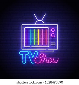 TV Show neon sign, bright signboard, light banner. Retro TV neon, emblem. Vector illustration