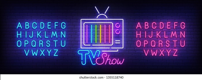 TV Show neon sign, bright signboard, light banner. Retro TV logo, emblem and label. Neon sign creator. Neon text edit